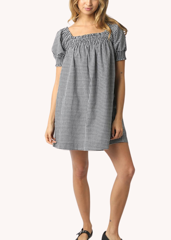 Lorelai Cotton Smocked Dress in Black Gingham