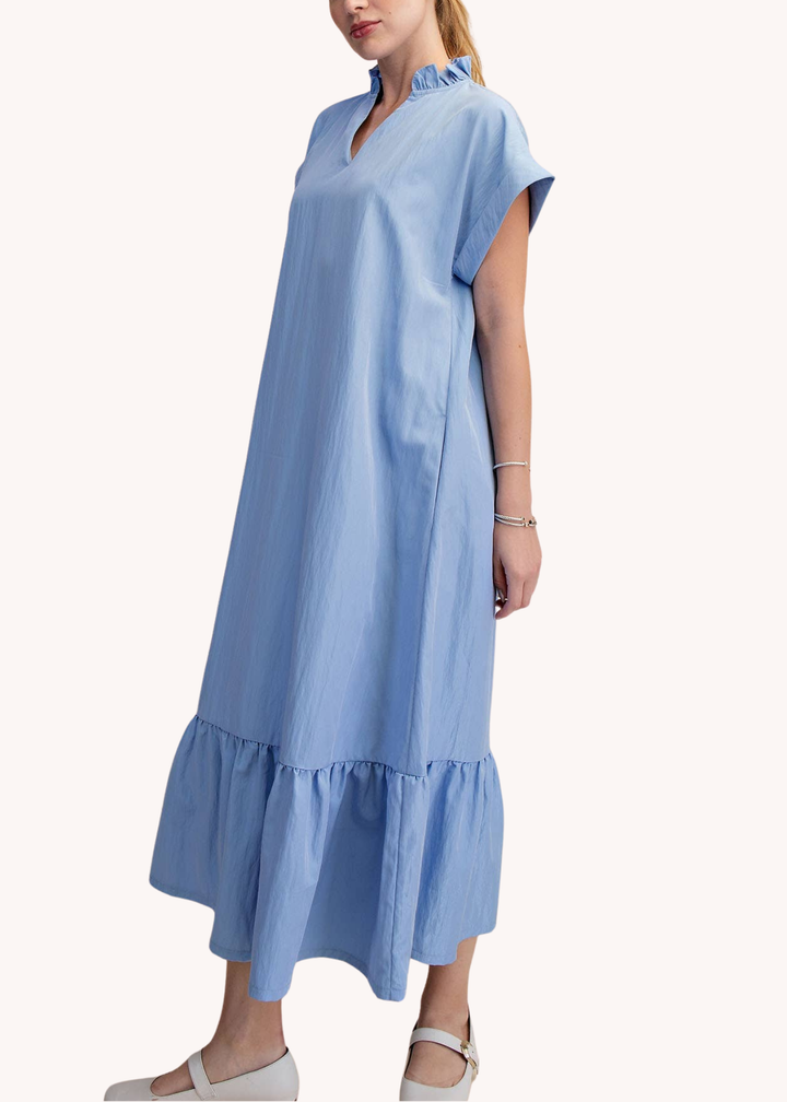 Ruffle Neck Relaxed Midi Dress in Light Blue