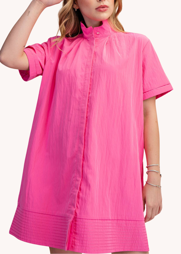 Chloe Stand Collar Mini Shirt Dress in Pink