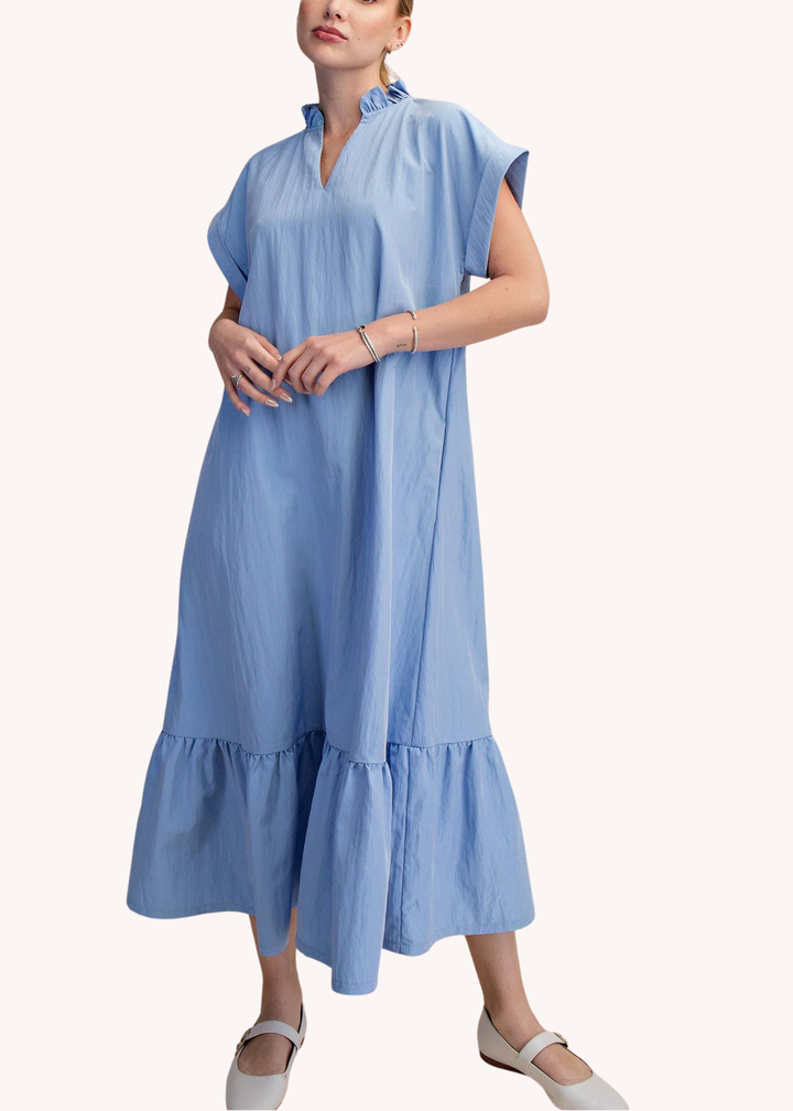 Ruffle Neck Relaxed Midi Dress in Light Blue