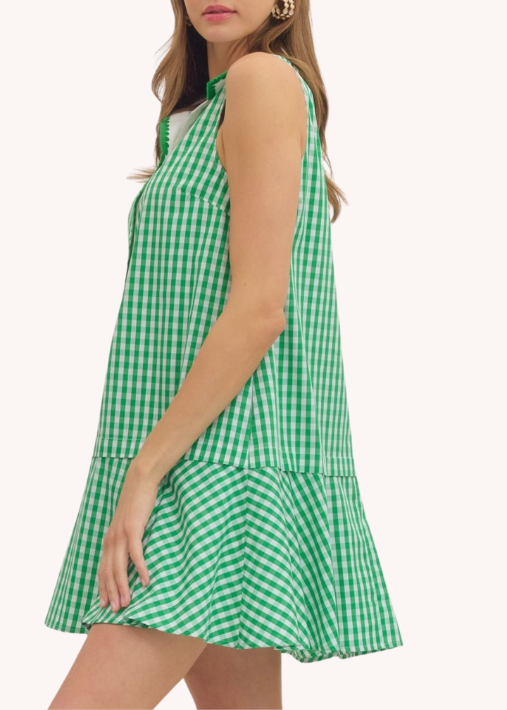 Gingham Cotton Mini Dress in Green