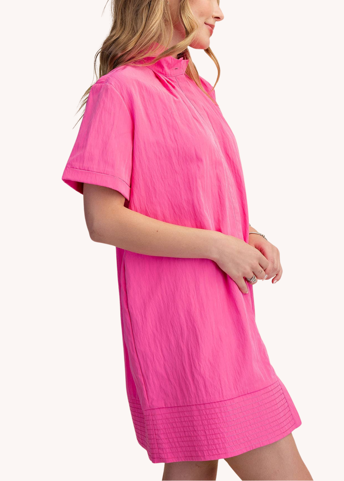 Chloe Stand Collar Mini Shirt Dress in Pink