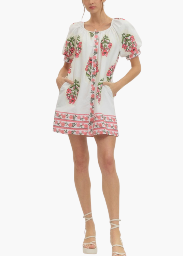 Sarah Blockprint Mini Dress in Cream