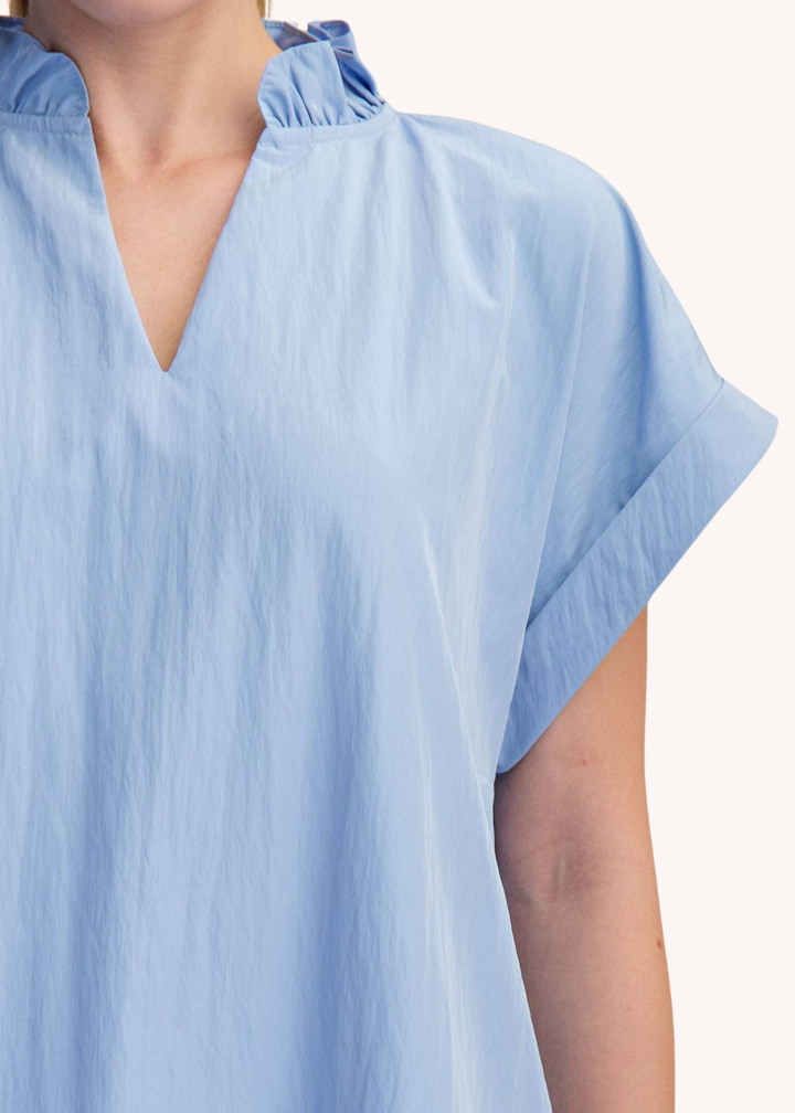Ruffle Neck Relaxed Midi Dress in Light Blue