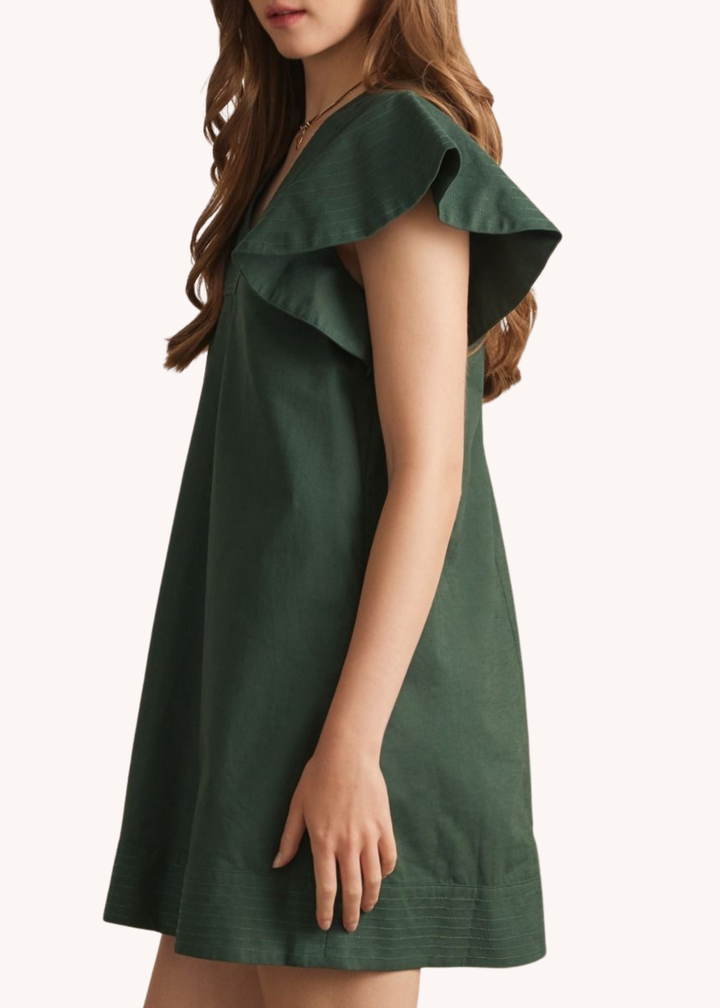Lola Flutter Sleeve Dress in Hunter Green
