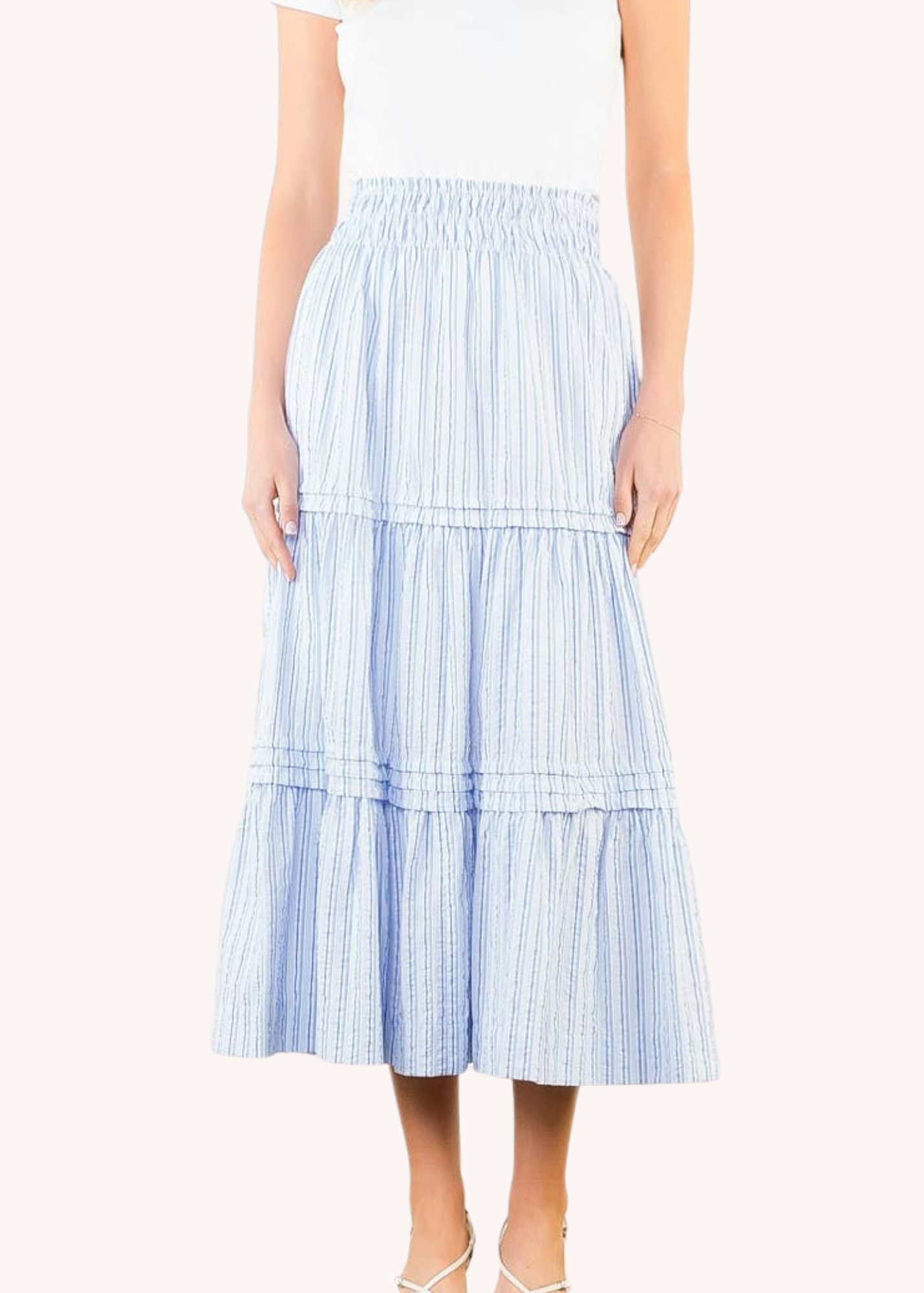 Smocked Waist Tiered Long Skirt in Light Blue Stripe