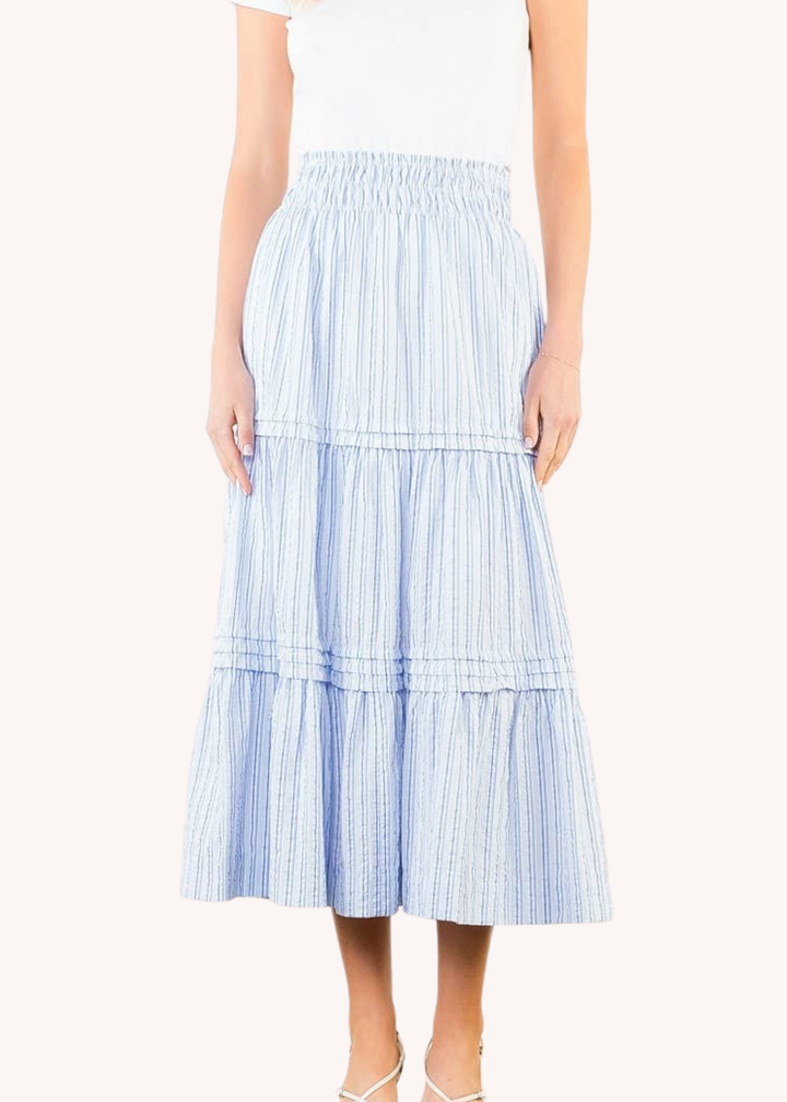 Smocked Waist Tiered Long Skirt in Light Blue Stripe