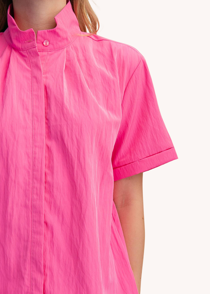 Chloe Stand Collar Mini Shirt Dress in Pink