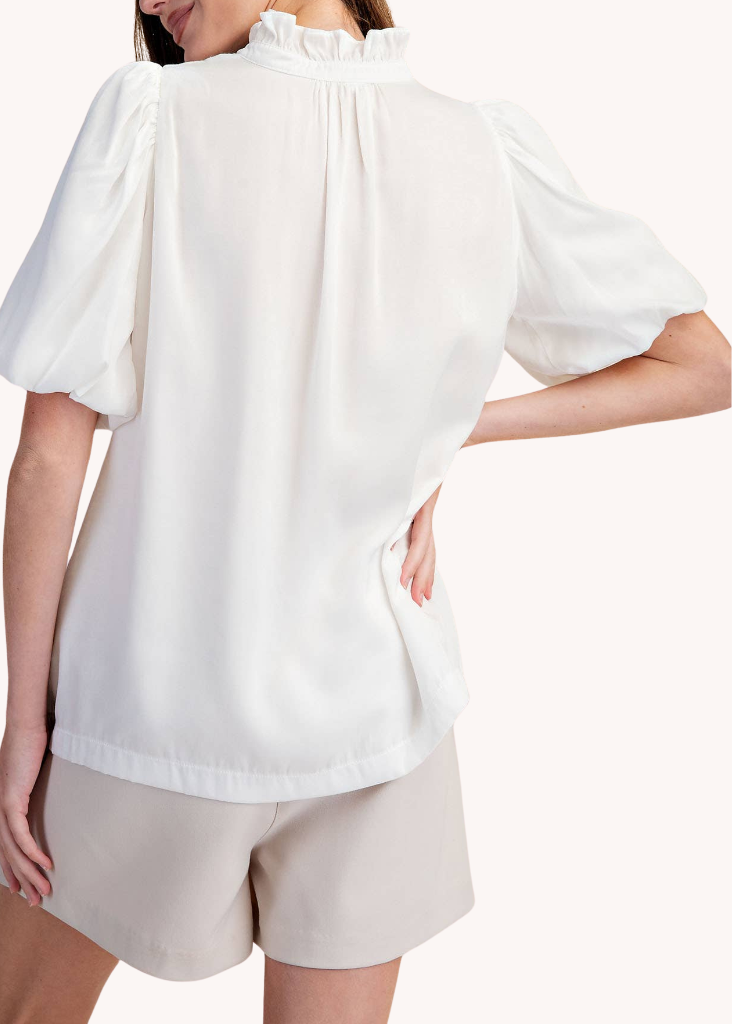 Puff Sleeve Blouse Ruffle Neck Smocked Detail