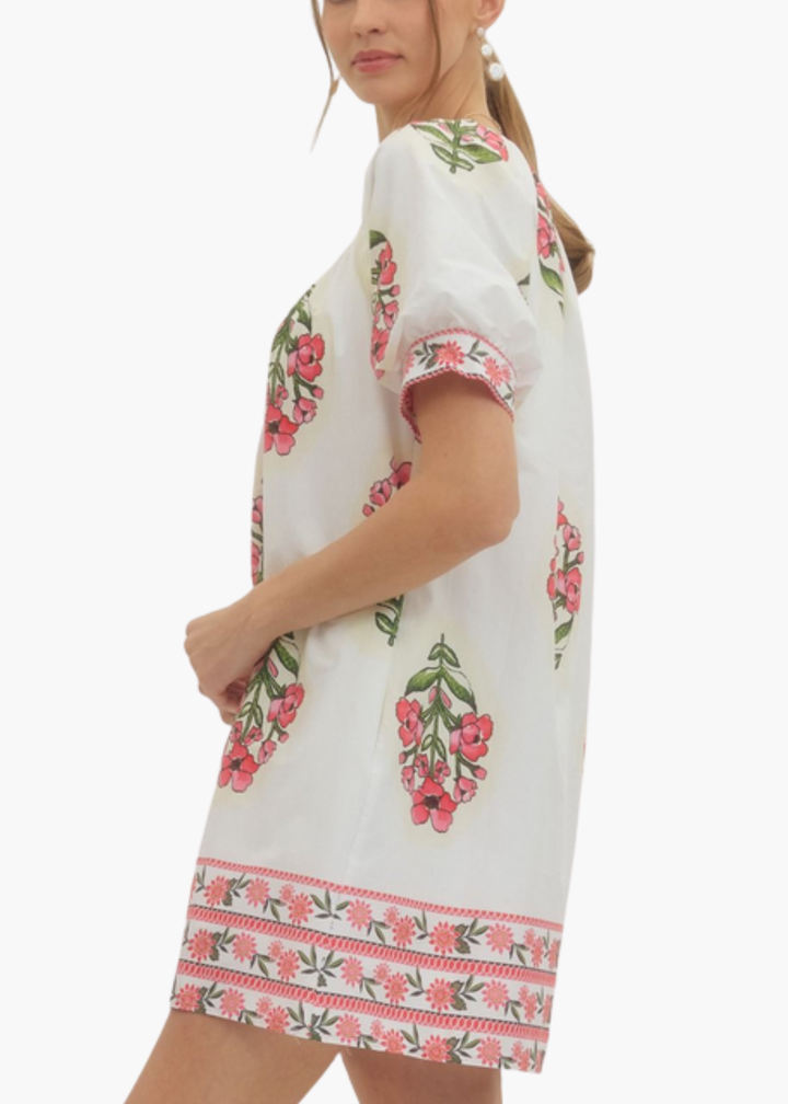 Sarah Blockprint Mini Dress in Cream