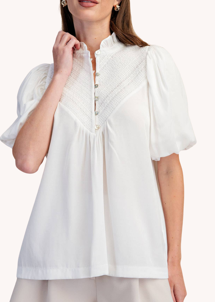Puff Sleeve Blouse Ruffle Neck Smocked Detail