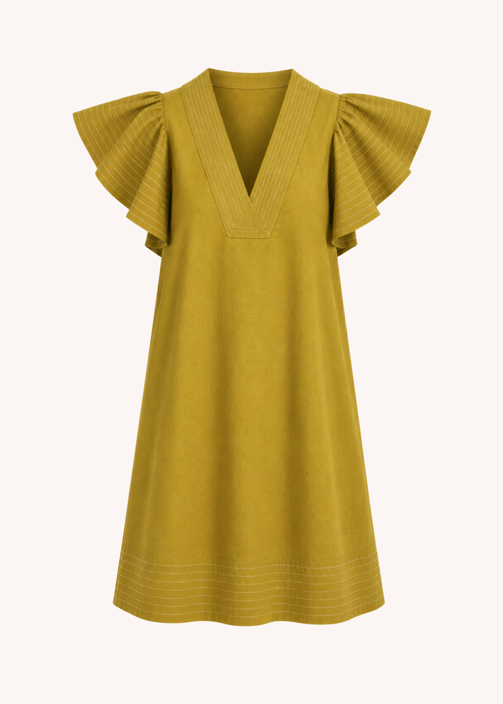Lola Flutter Sleeve Dress in Chartreuse