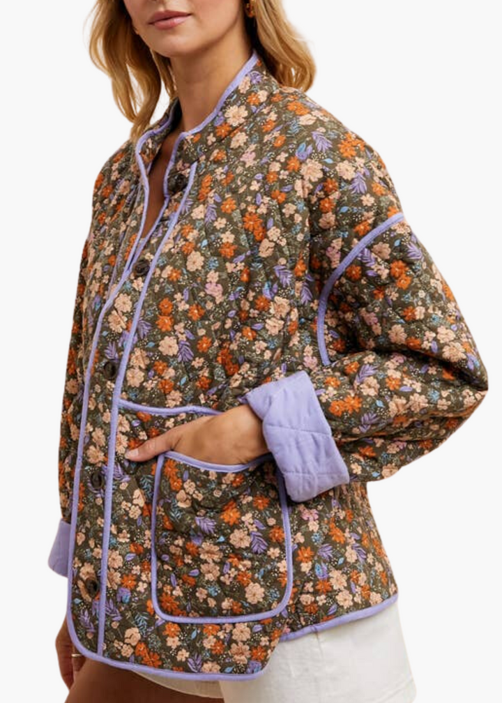 Floral Quilted Puffer Jacket in Olive Taupe