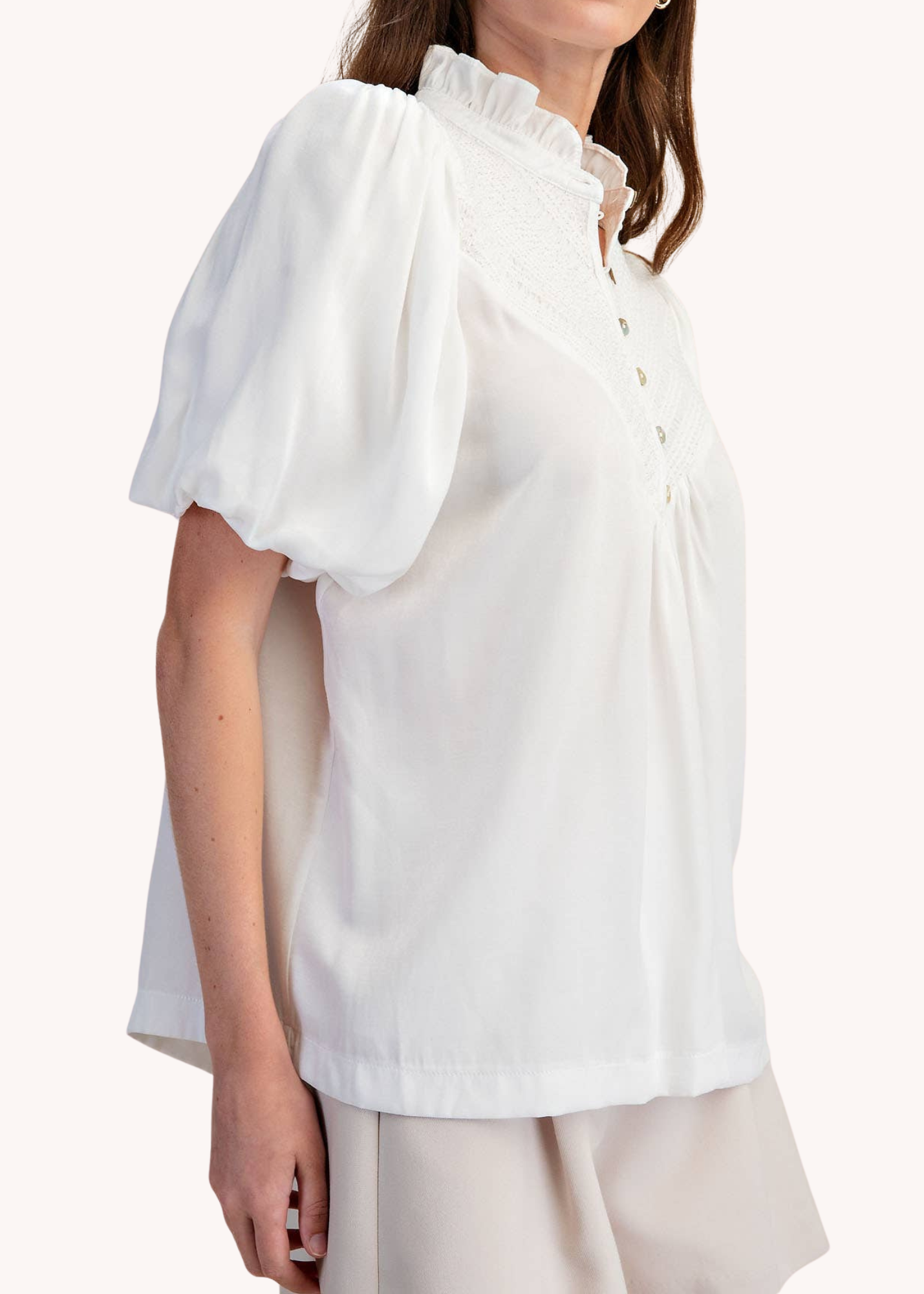 Puff Sleeve Blouse Ruffle Neck Smocked Detail