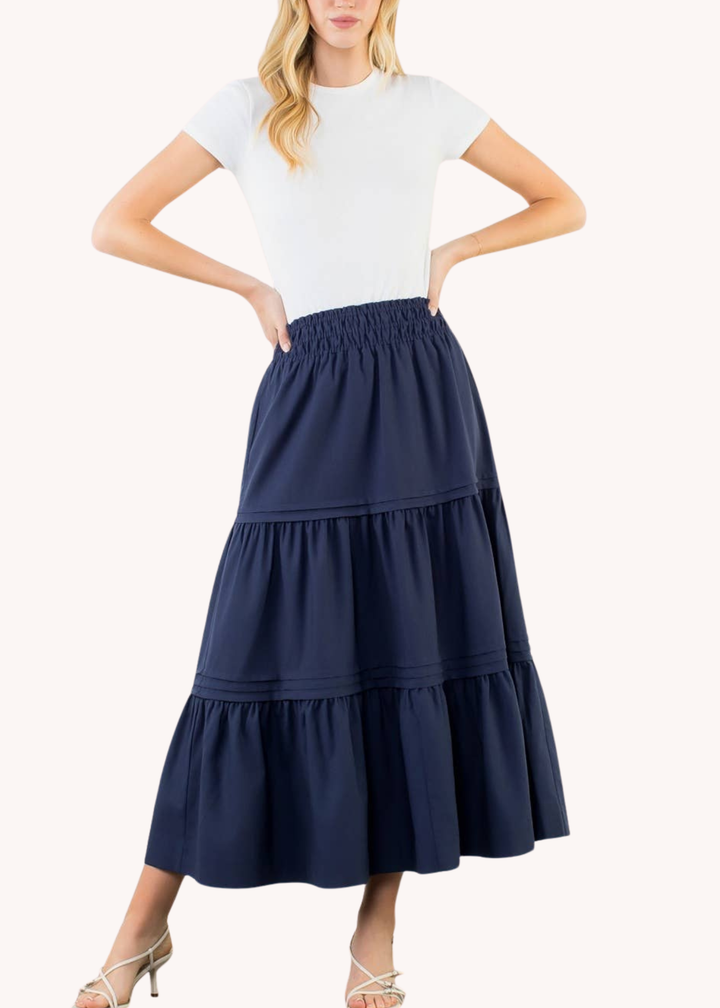 Smocked Waist Tiered Long Skirt in Navy