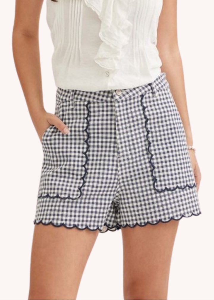 Sadie Scalloped Shorts in Navy Gingham