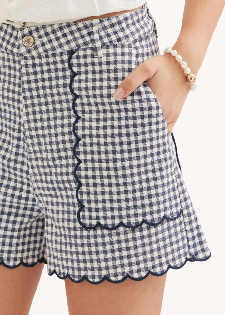 Sadie Scalloped Shorts in Navy Gingham