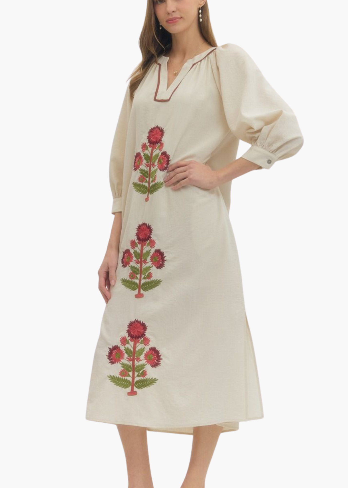 Katy Blockprint Dress in Ecru