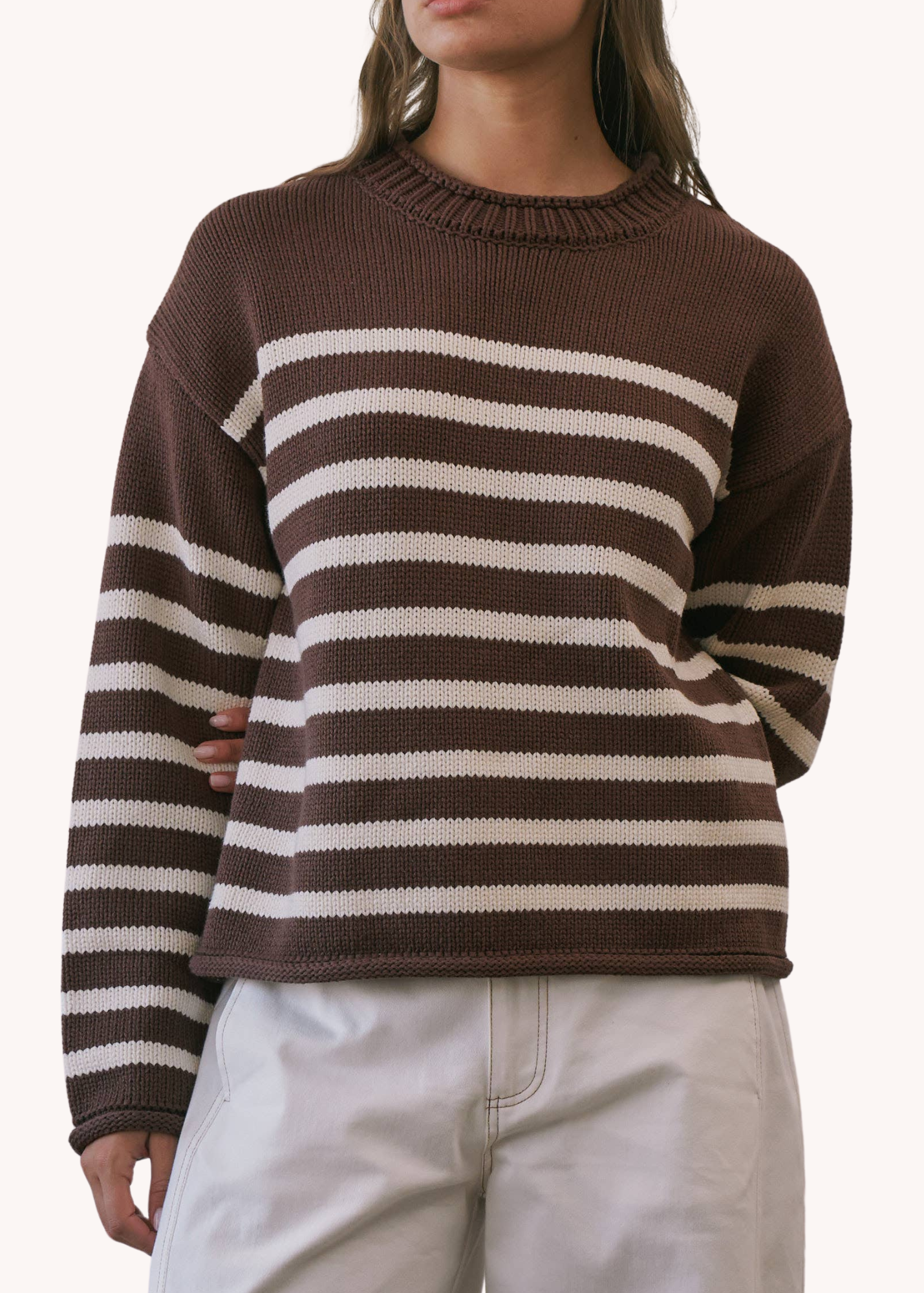 Striped Roll Neck Sweater in Chocolate