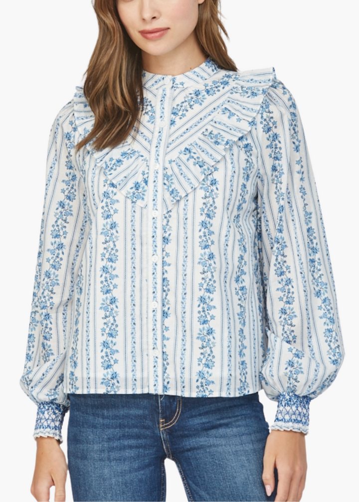 Ruffled Yoke Detail Blouse in White and Blue