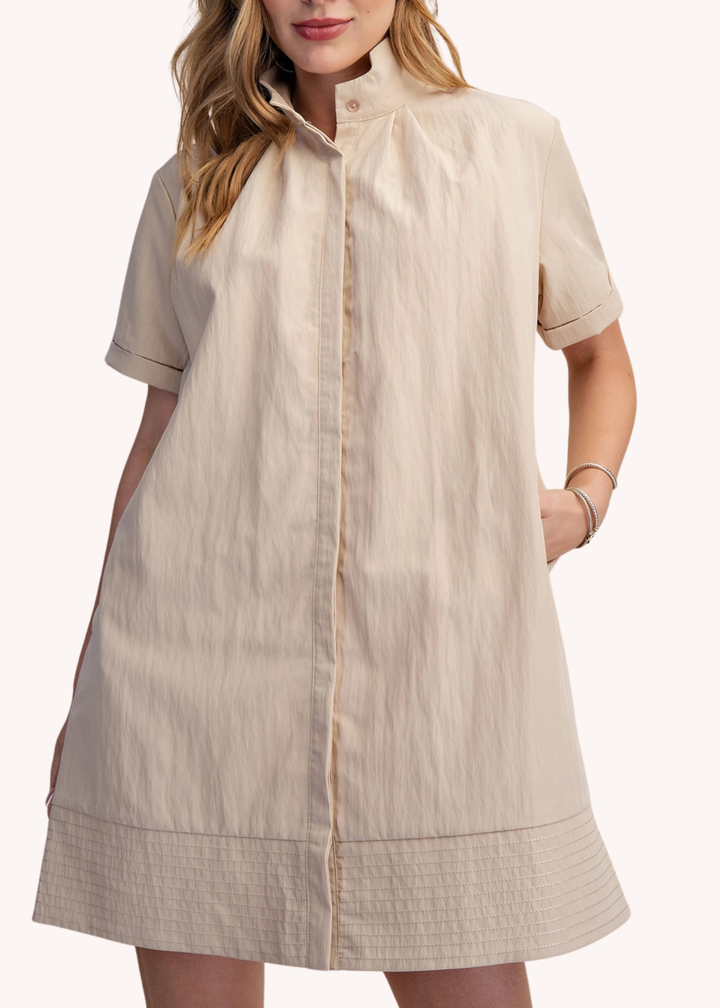 Chloe Stand Collar Mini Shirt Dress in Tan