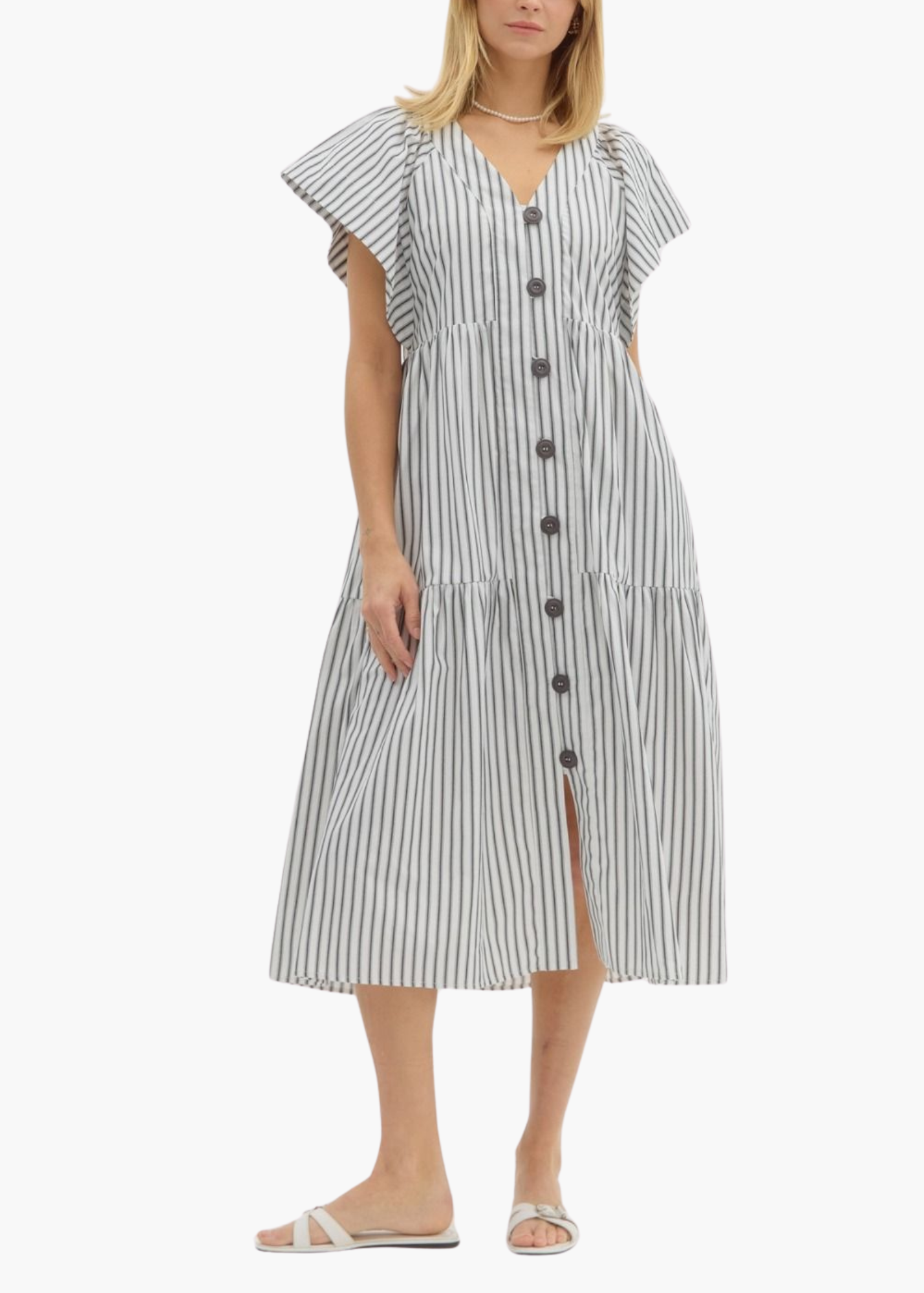 Molly Midi Dress in Cream Black Stripe