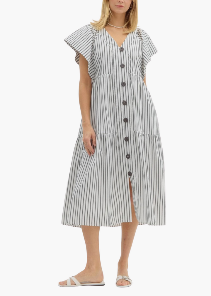 Molly Midi Dress in Cream Black Stripe