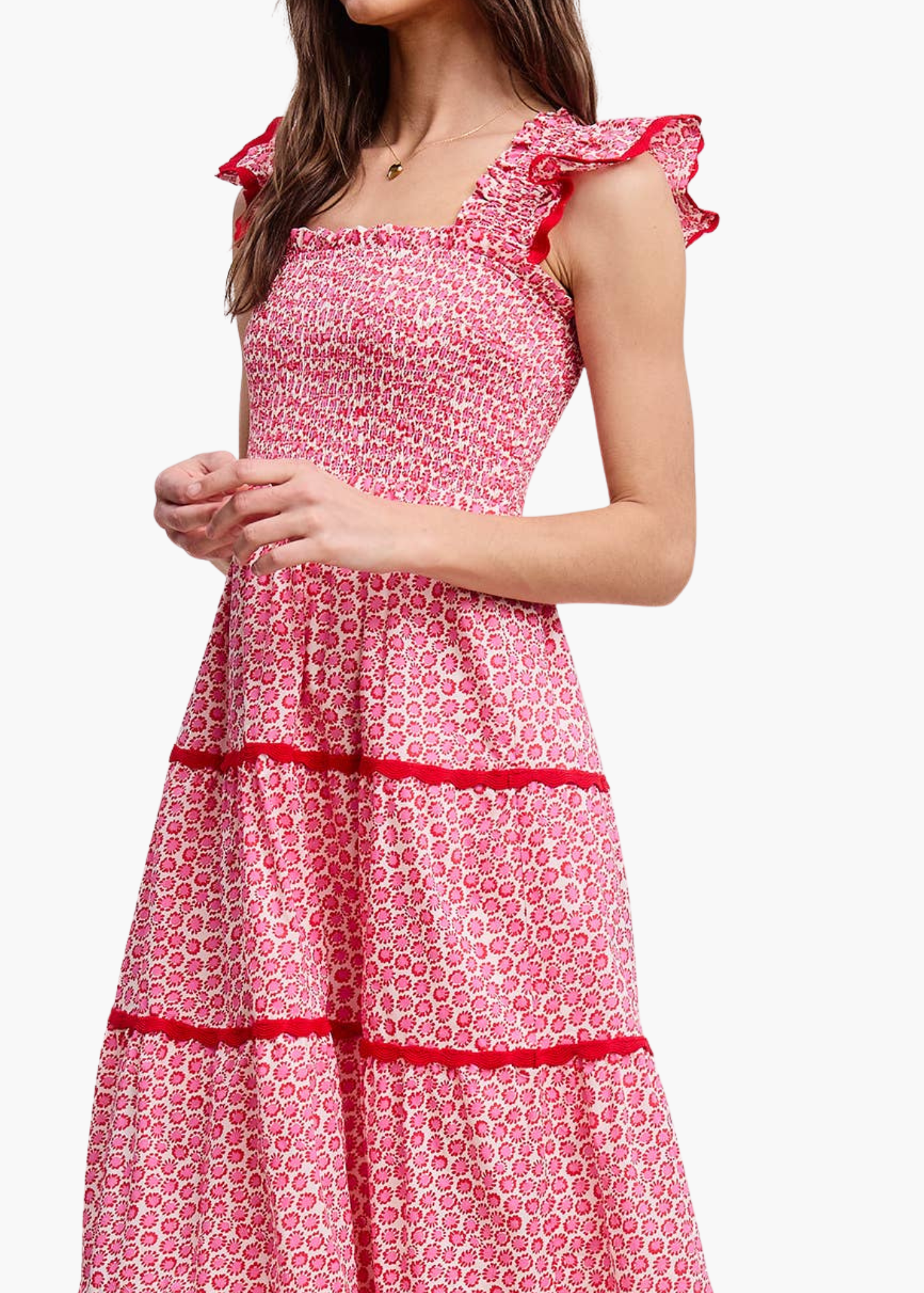 Scarlet Smocked Midi Dress in Pink
