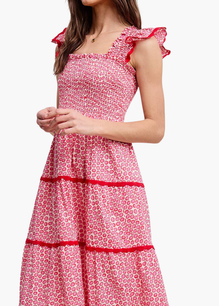 Scarlet Smocked Midi Dress in Pink