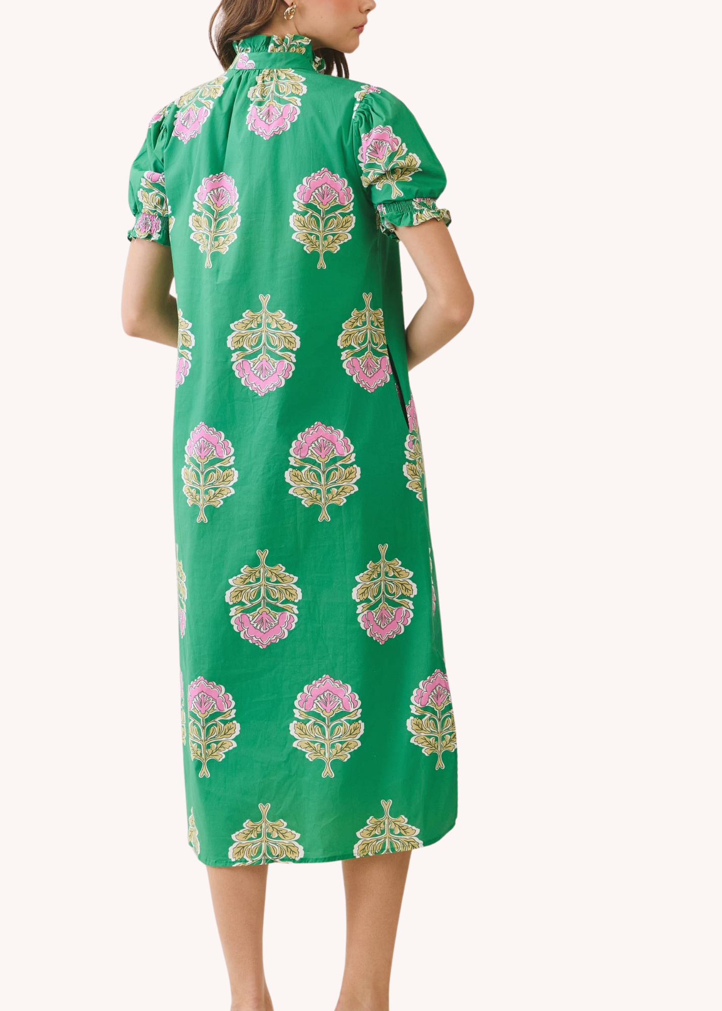 Fields Block Print Smocked Midi Dress in Green