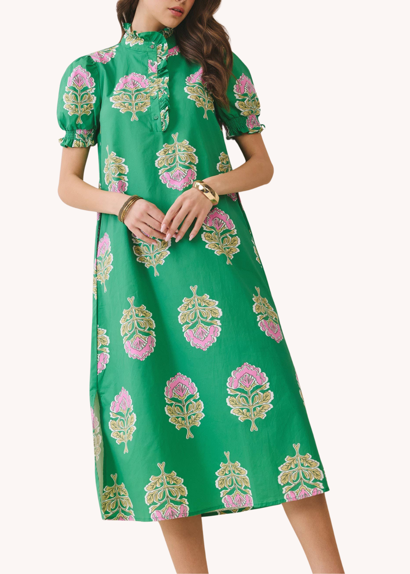 Fields Block Print Smocked Midi Dress in Green
