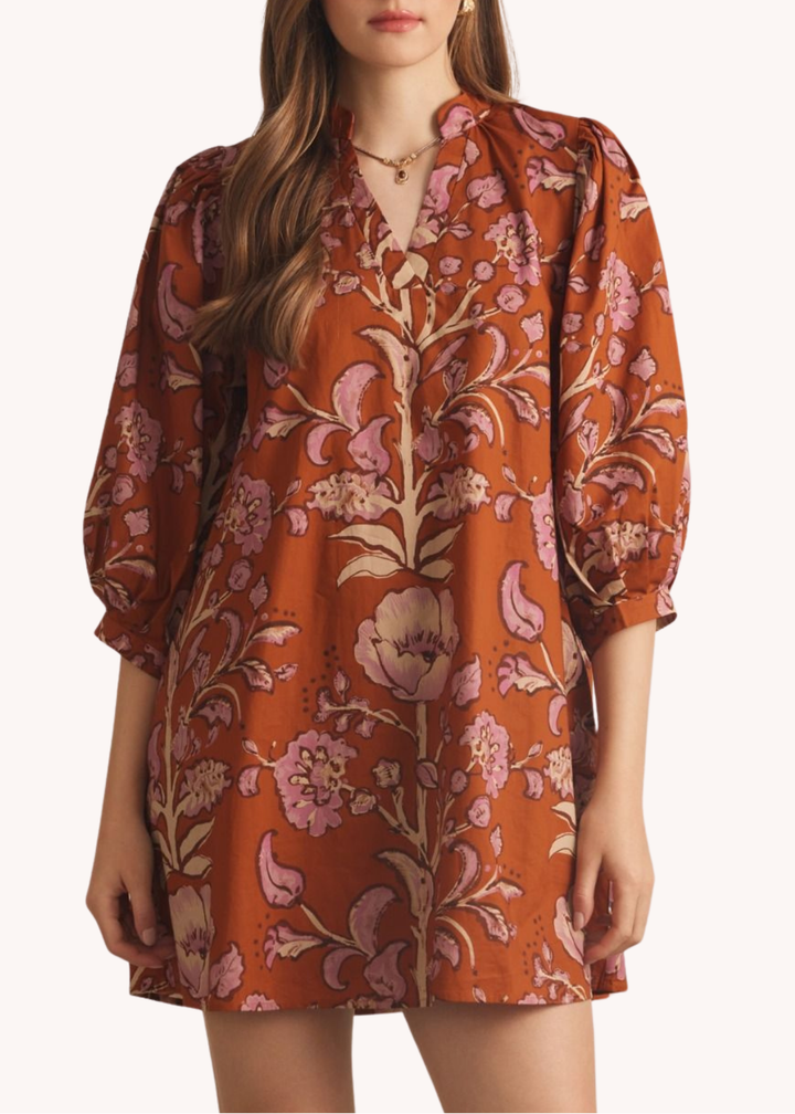 Mara Cotton Mini Dress in Rust