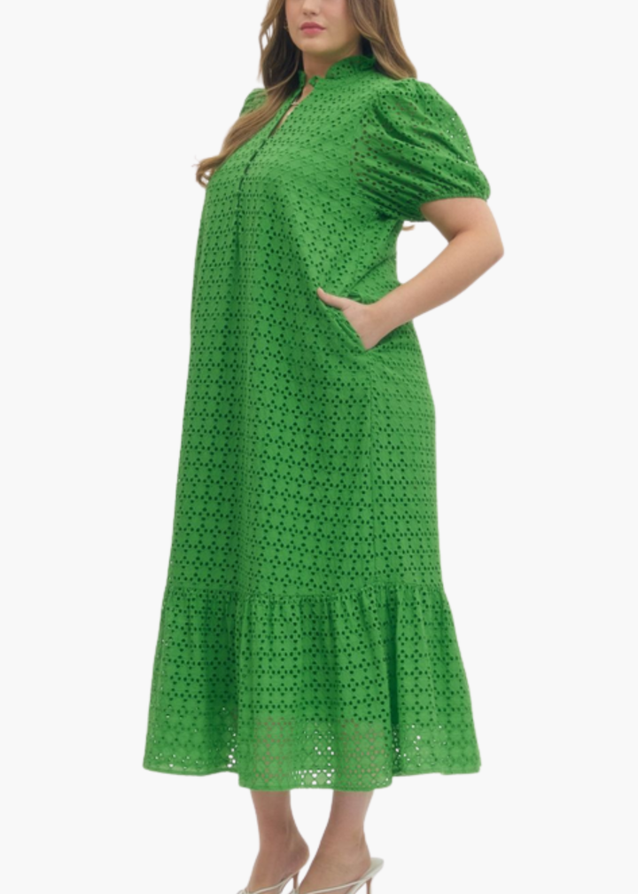 Laura Midi Dress in Green Eyelet