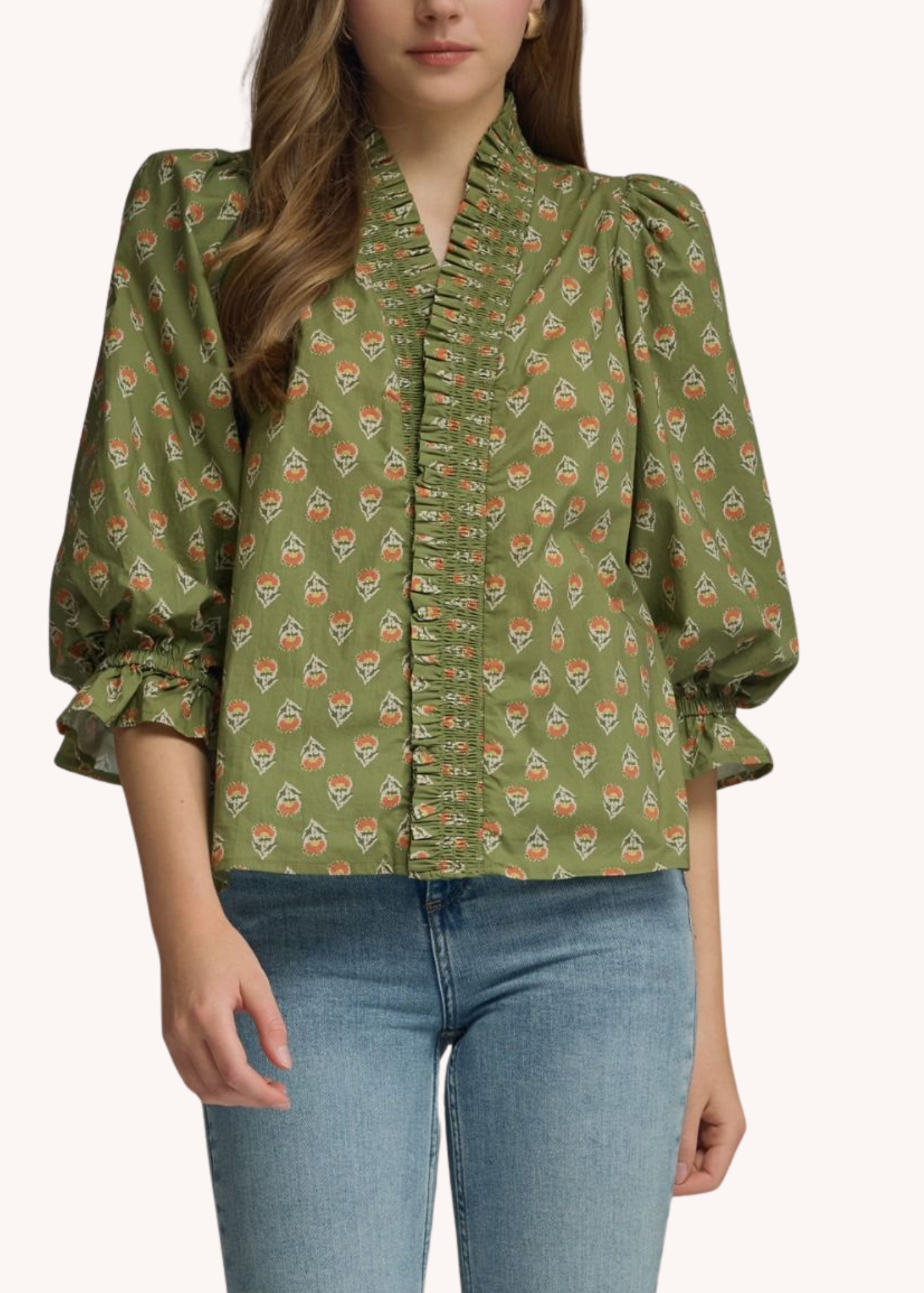 Caden Cotton Blockprint Top in Olive
