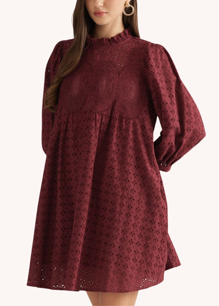 Penelope Cotton Eyelet Mini Dress in Burgundy