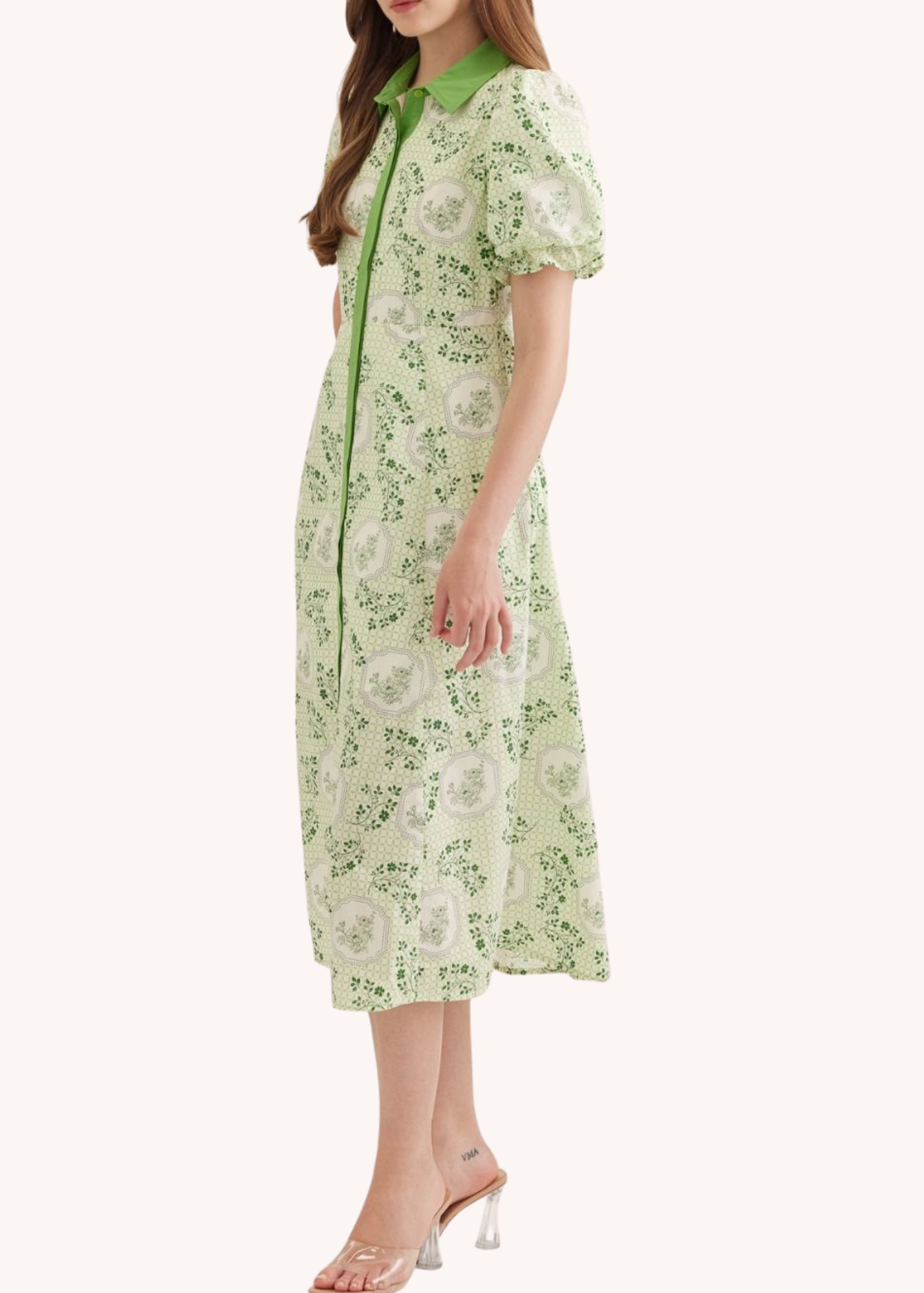 Puff Sleeve Cotton Midi Dress in Green