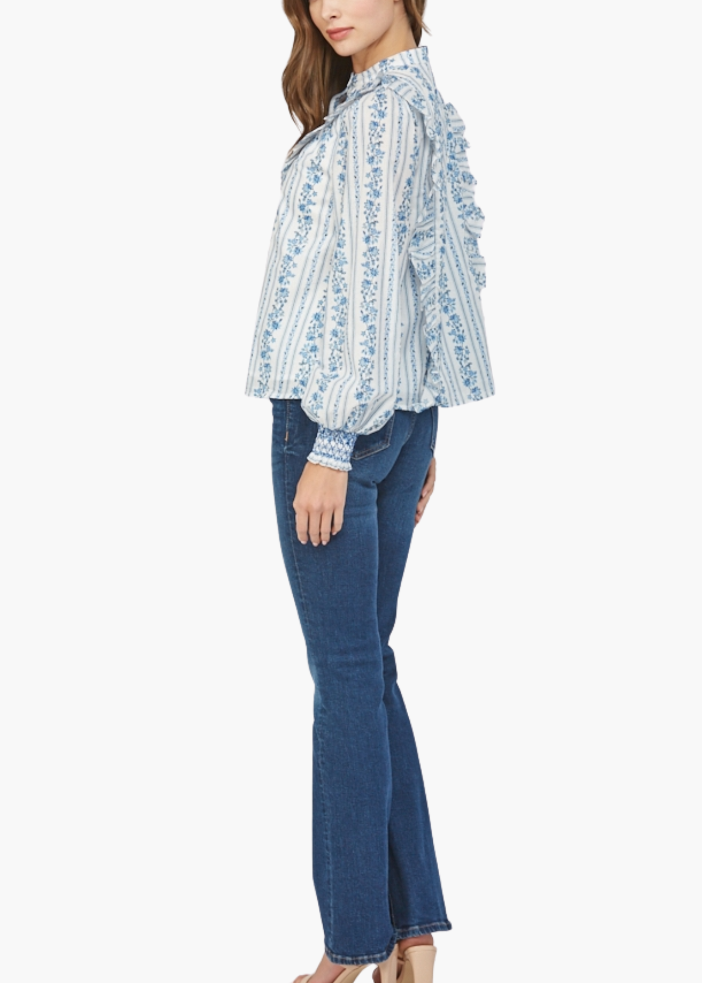 Ruffled Yoke Detail Blouse in White and Blue