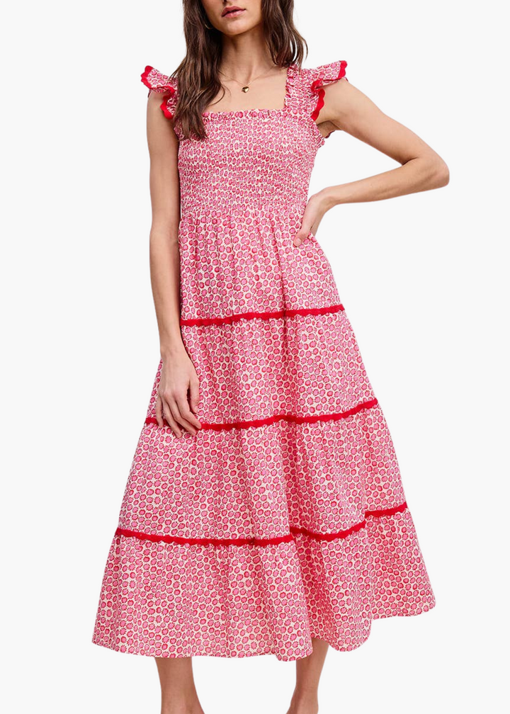 Scarlet Smocked Midi Dress in Pink