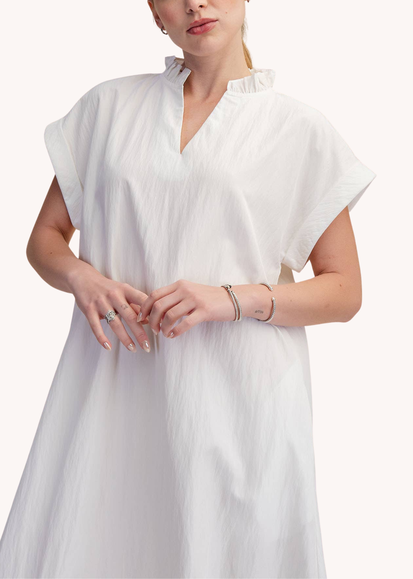 Ruffle Neck Relaxed Midi Dress in White