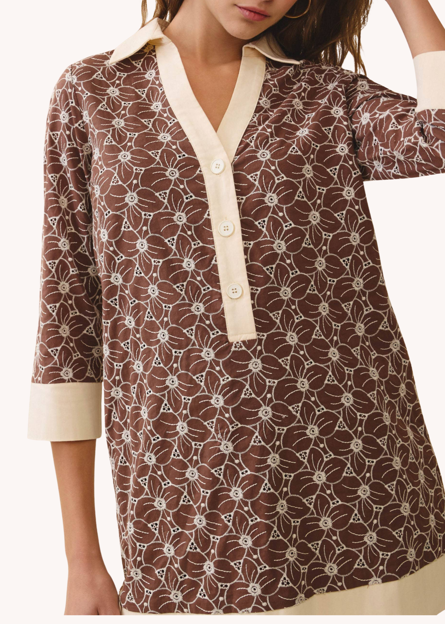 Floral Print Contrast Collar And Hem Tunic Dress