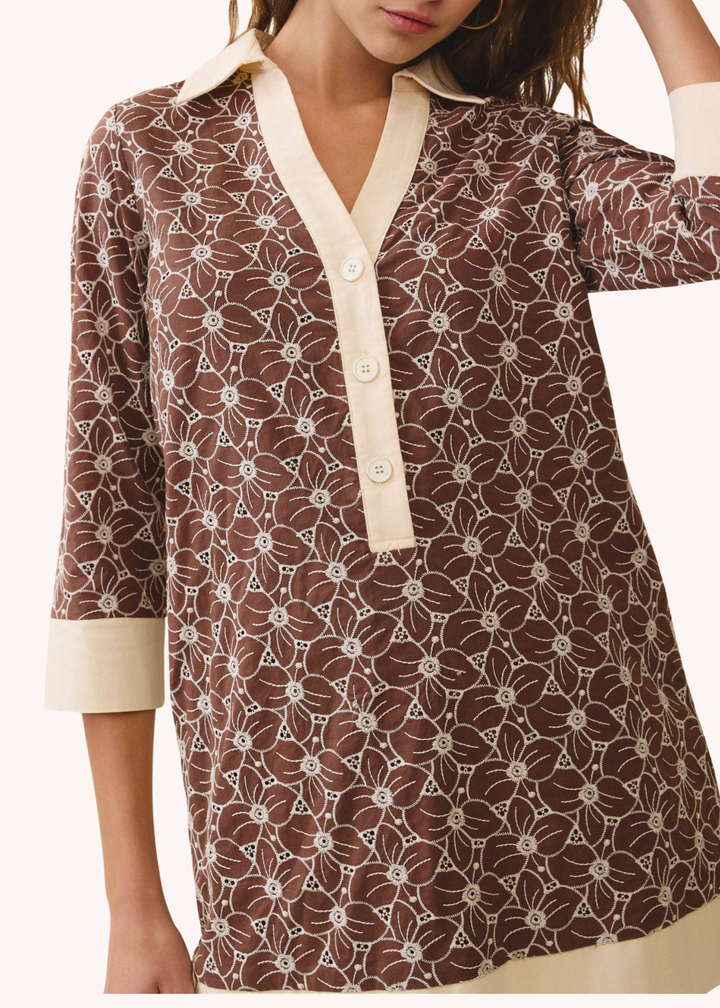 Floral Print Contrast Collar And Hem Tunic Dress