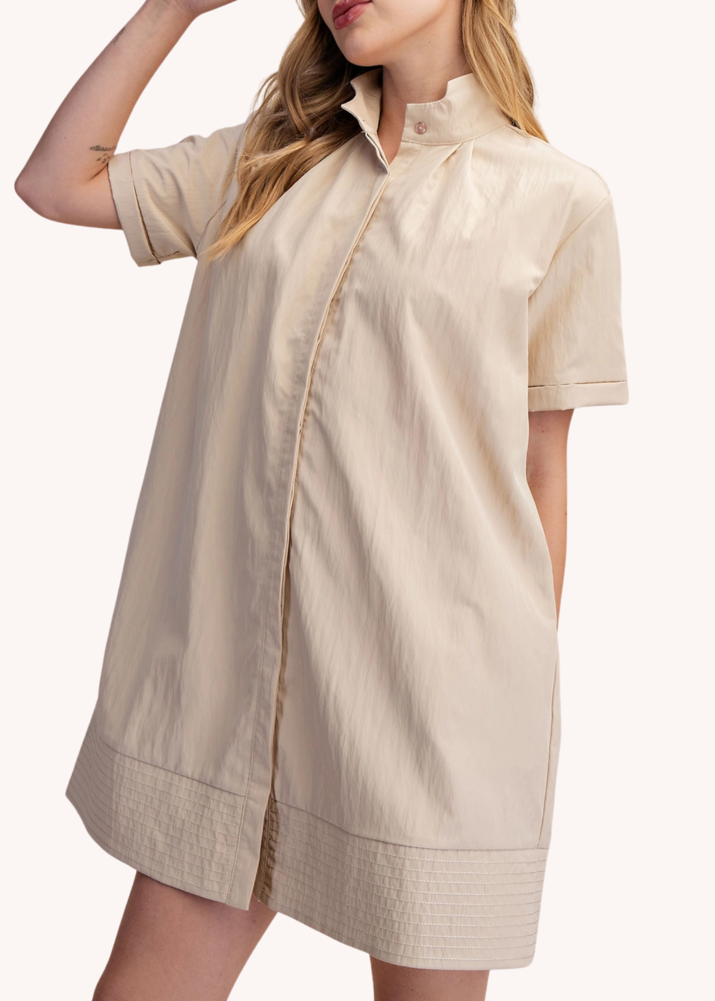 Chloe Stand Collar Mini Shirt Dress in Tan