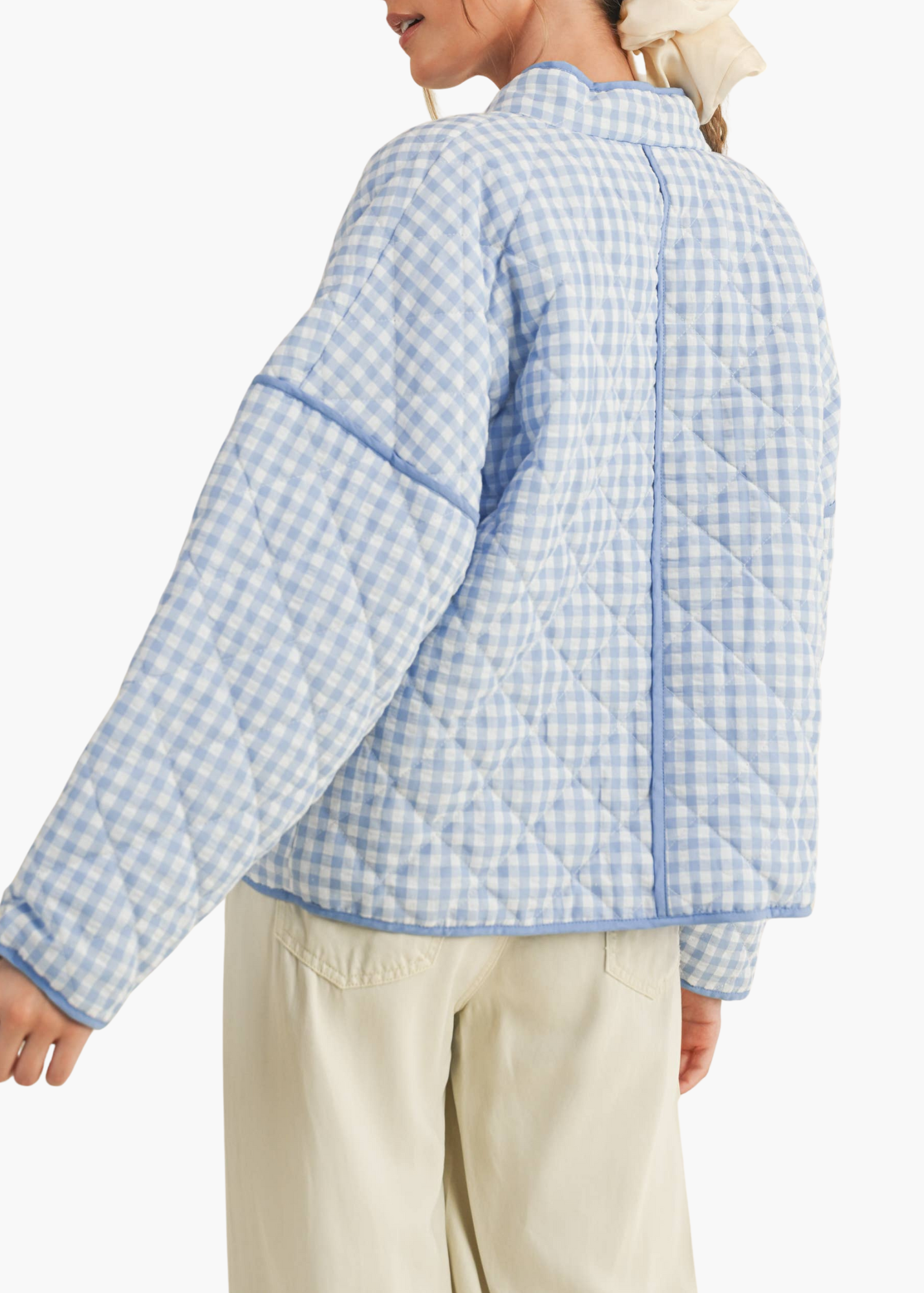 Macy Quilted Plaid Puff Jacket in Sky