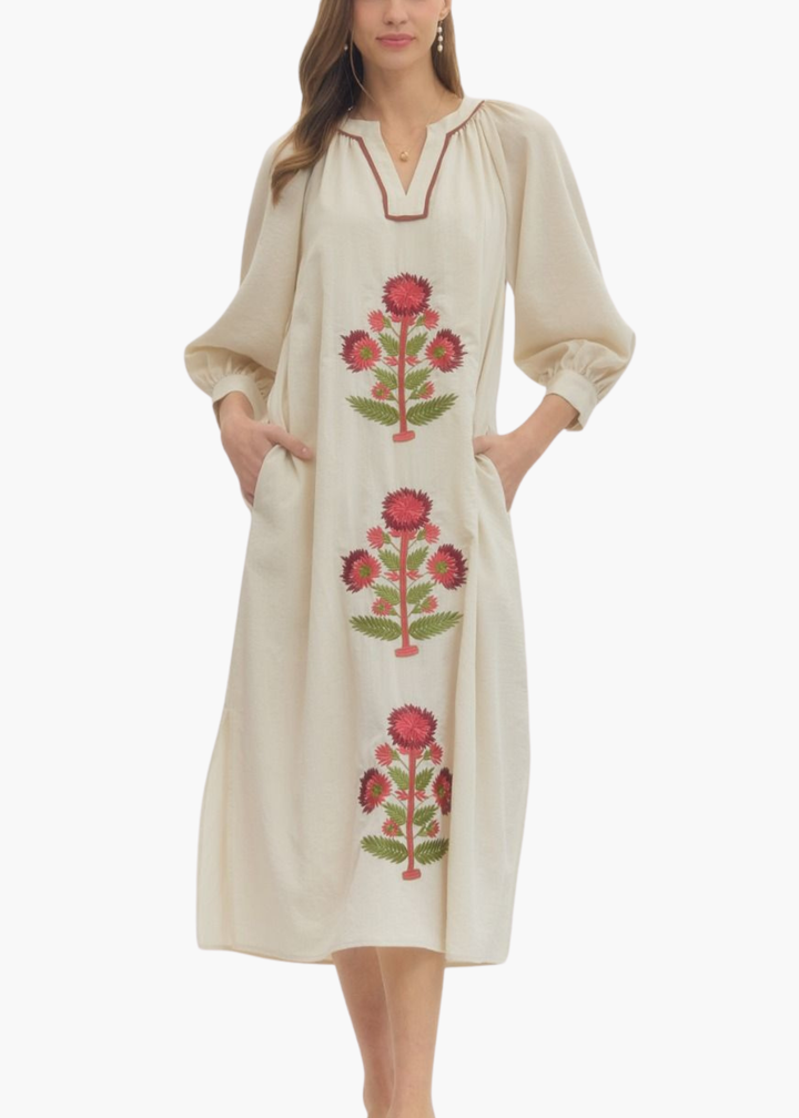 Katy Blockprint Dress in Ecru