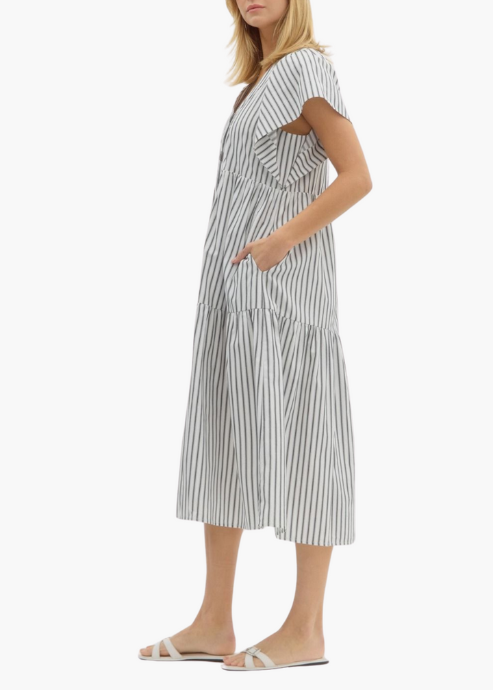 Molly Midi Dress in Cream Black Stripe