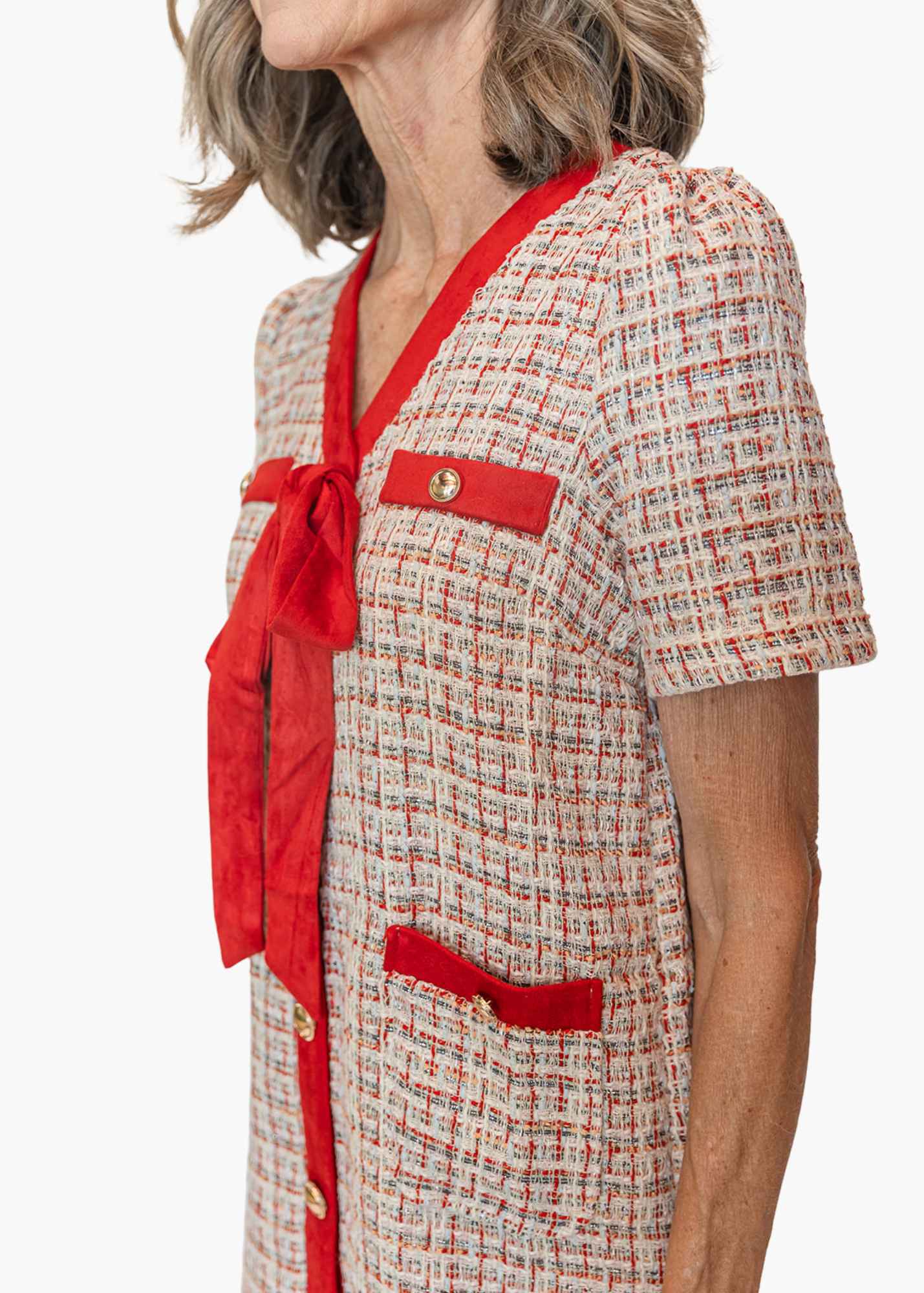 Bow Tweed Mini Dress in Red