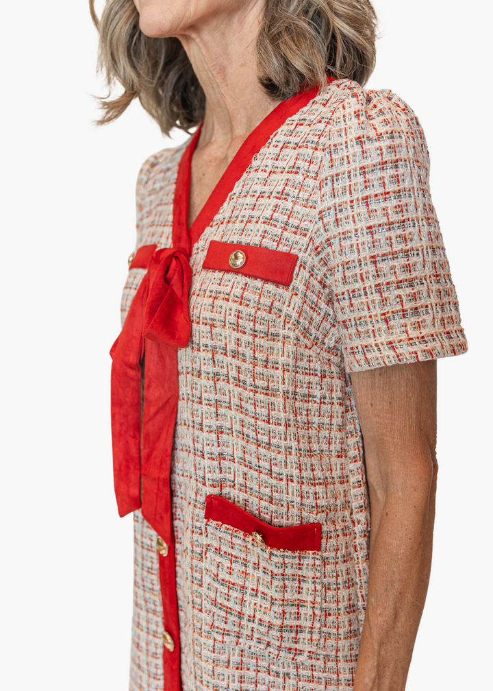 Bow Tweed Mini Dress in Red