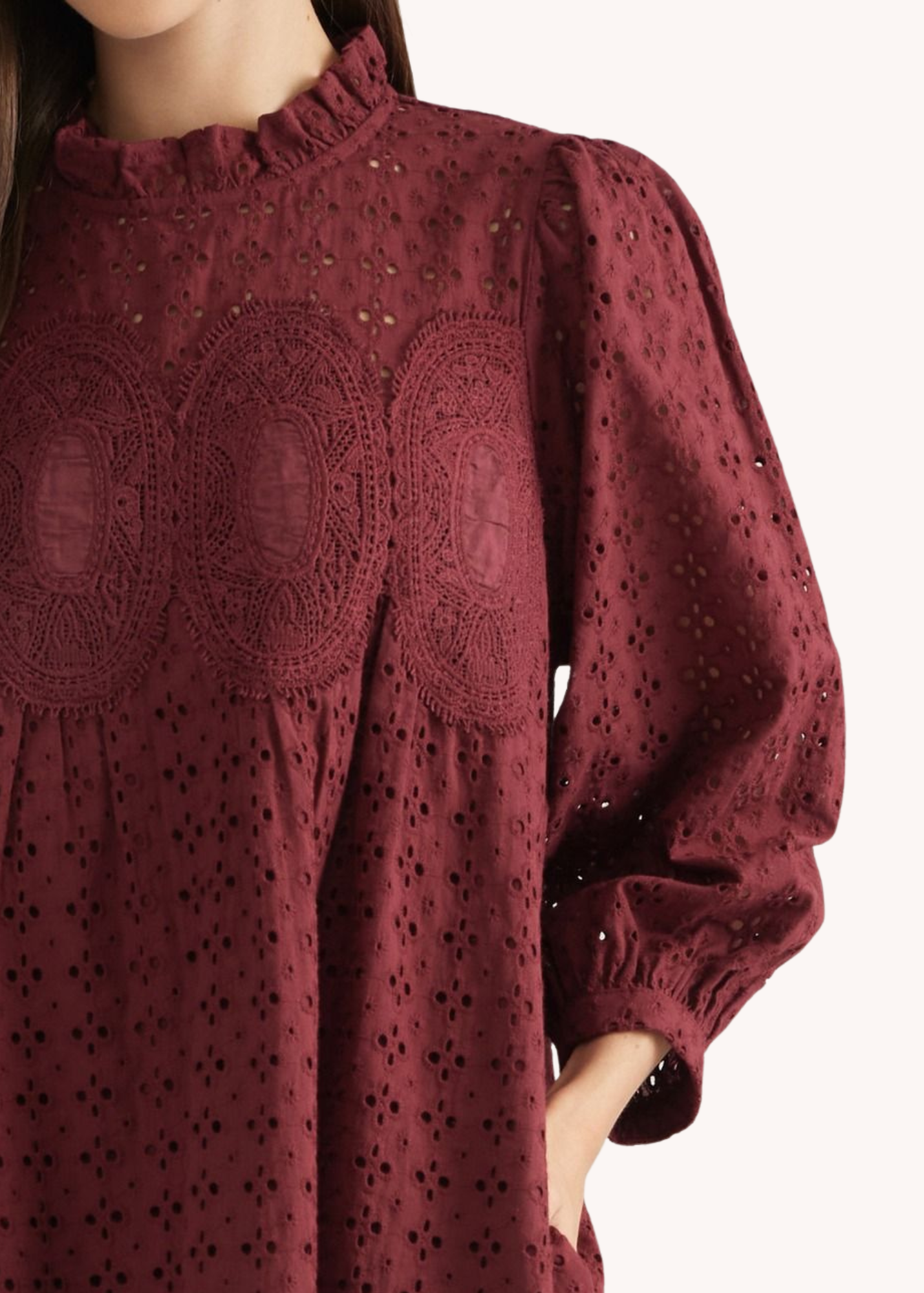 Penelope Cotton Eyelet Mini Dress in Burgundy