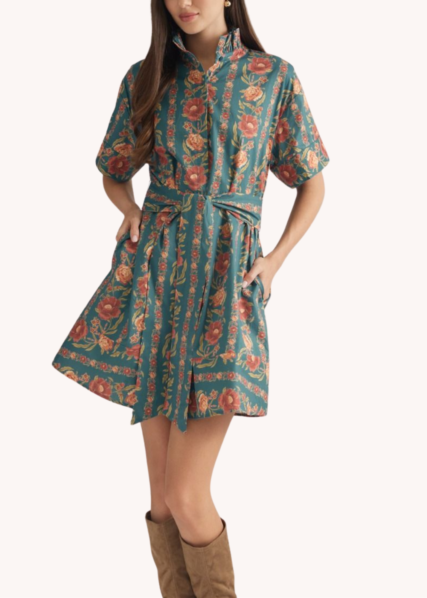 Macy Belted Cotton Mini Dress in Teal