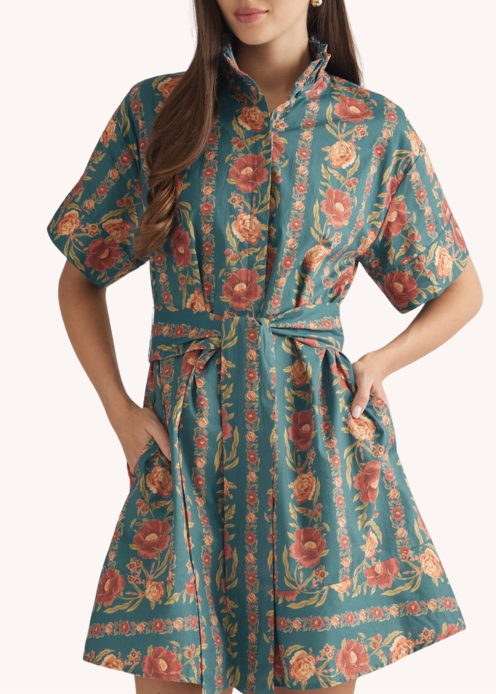Macy Belted Cotton Mini Dress in Teal